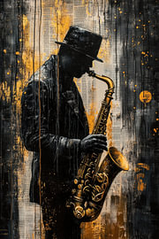 Midnight Jazz – Ausdrucksstarkes Gemälde in Schwarz und Gold von BowiScapes – Kunst und urbane Wandgestaltung