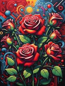 Des formes géométriques embrassent des roses en fleurs