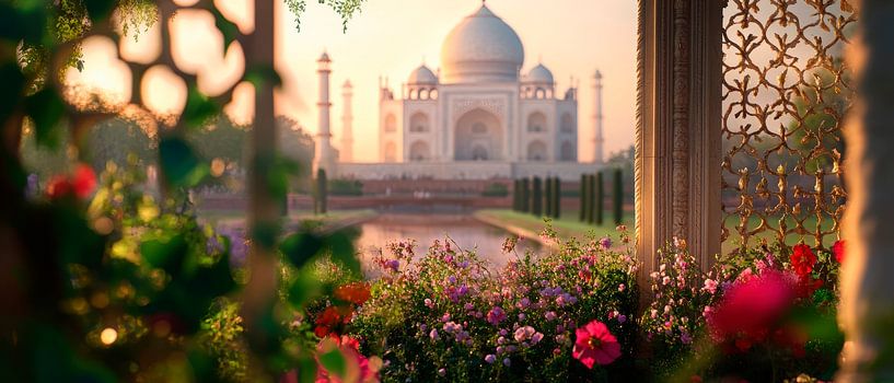 Taj Mahal im Morgenlicht – Blütenmeer von Poster Art Shop