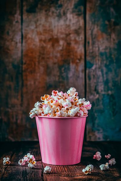 Colourful popcorn bucket on a wooden table by Poster Art Shop
