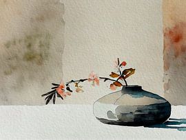 Ikebana: Minimalist Japanese blossom branch in blue-grey vase by Studio Pieternel