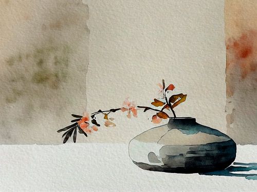 Ikebana: Minimalist Japanese blossom branch in blue-grey vase by Studio Pieternel