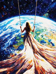 Triomfantelijke vrouw zwaait over aarde Impasto portret