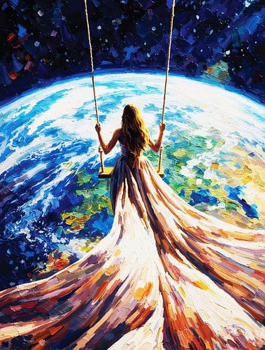 Triumphant Woman Swing Over Earth Impasto Portrait