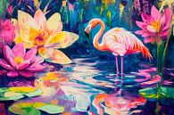 Buntes Flamingo im Blumenteich von Poster Art Shop Miniaturansicht