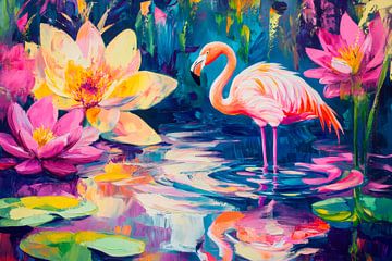 Buntes Flamingo im Blumenteich von Poster Art Shop