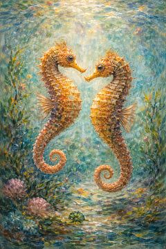 Zeepaardjes onder water schilderij.