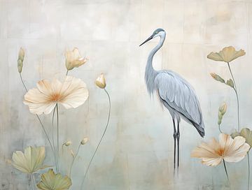 Japandi, Heron and Lotus Flowers by Caroline Guerain