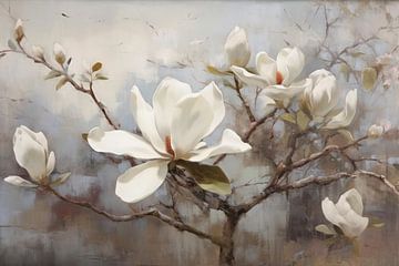Magnolia | Zwevende Sereniteit | Magnolia bloemen | Post-Impressionisme. van Studio Blikvangers