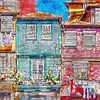 Stadtteil Ribeira, Porto, Portugal. Aquarell von bunten Gebäuden und Wäsche trocknen in der Sonne von SPJE ART
