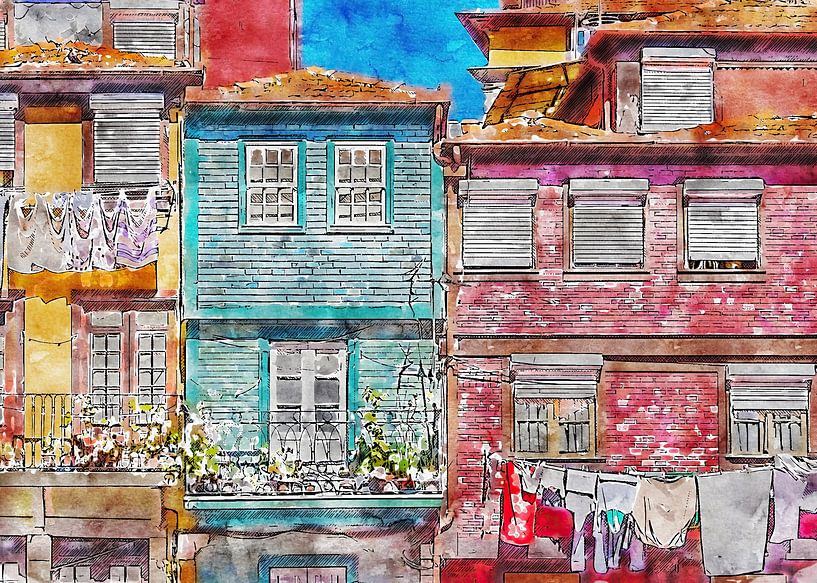Stadtteil Ribeira, Porto, Portugal. Aquarell von bunten Gebäuden und Wäsche trocknen in der Sonne von SPJE ART