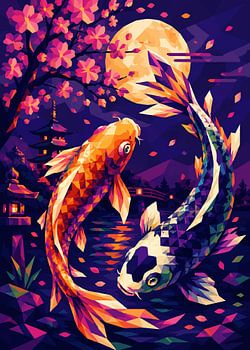 Koi-Fische unter Kirschblüten und Mond