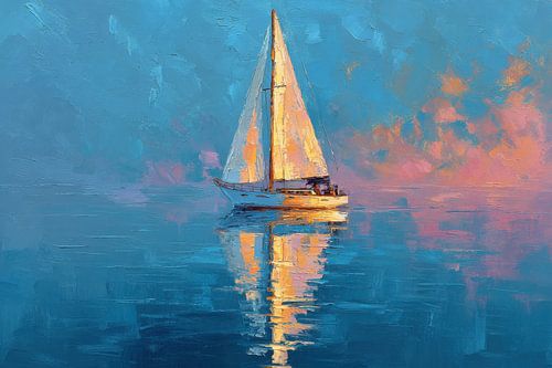 Zeilboot bij zonsondergang - Olieverfschilderij Impressionisme