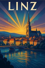 Vintage Linz Travel Print - Oostenrijkse Skyline Wall Art van Travel Shop