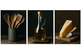 Küchenlieblinge Triptychon - warme Atmosphäre mit Löffeln, Öl und Käse von Kleurenrijk