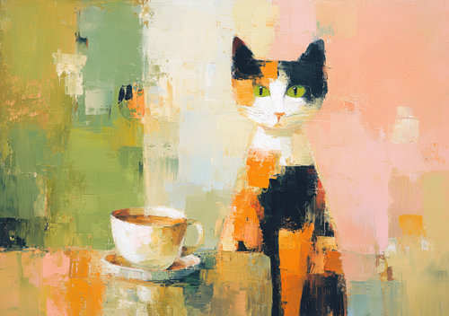 Painting of a tricoloured cat with a coffee cup