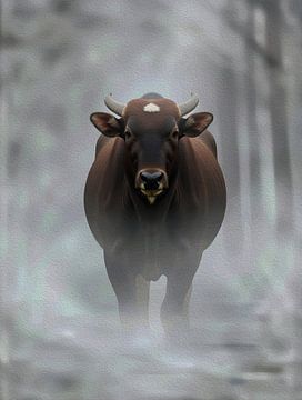 Majestätischer Gaur Nebliger Nebel Impasto Wildlife Portrait von Ramy Salah Hefny
