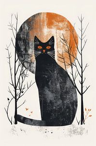 Mysteriöser Wächter - Schwarze Katze im Herbstmond