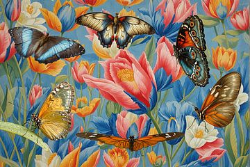 Butterflies in tulip field