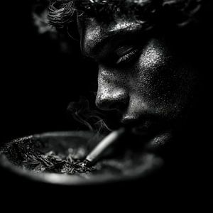 Ashtray and man with cigarette
