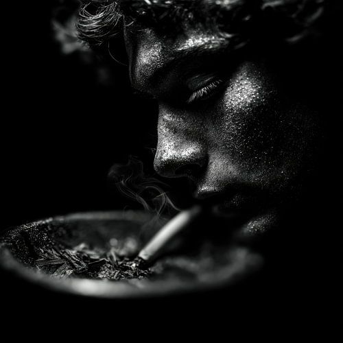 Aschenbecher und Mann mit Zigarette