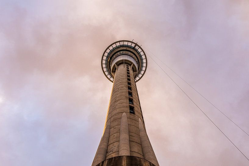 Onderaanzicht van de Sky tower voor de roze avondlucht van Auckland van Paul van Putten