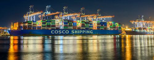 Containerschip aangemeerd bij de containerterminal