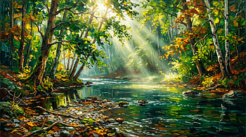Ölgemälde „Sonnenbeschienener Waldfluss“ – Friedlicher Waldbach mit goldenen Lichtstrahlen