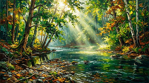 Olieverfschilderij ‘Sunlit Forest River’ – Rustige bosbeek met gouden zonnestralen