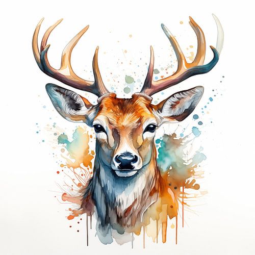 watercolour painting of the head of a red deer