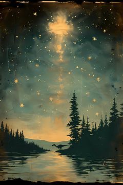 Dinosaur by moonlight by the water by Art & Soul Creations