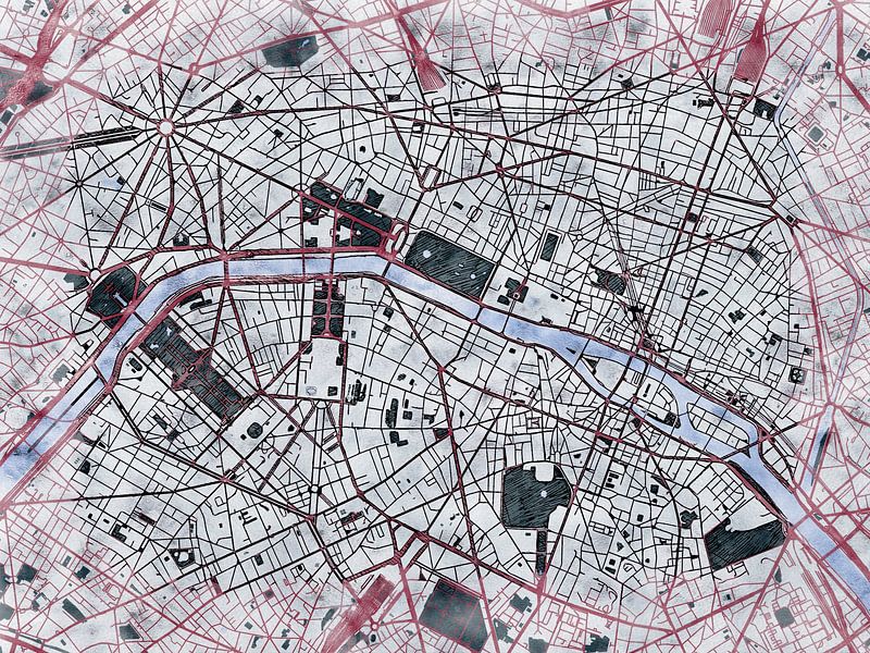 Kaart van Parijs centrum in de stijl 'White Winter' van Maporia