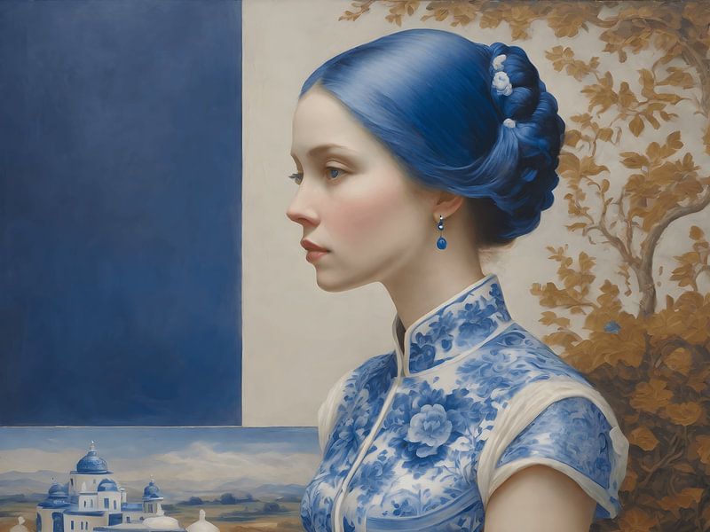 Een portret van een Delfts blauwe vrouw van Jolique Arte