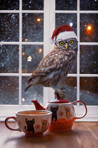 Festive Image manipulation: Owl with Santa Hat on Teapot - Perfect for Christmas atmosphere by Elianne van Turennout