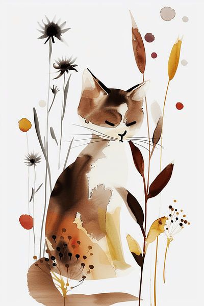 Silence gracieux dans le style japonais | Chaton minimaliste avec fleurs des champs par Karina Brouwer