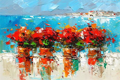 Kleurrijke bloemen met zee op achtergrond