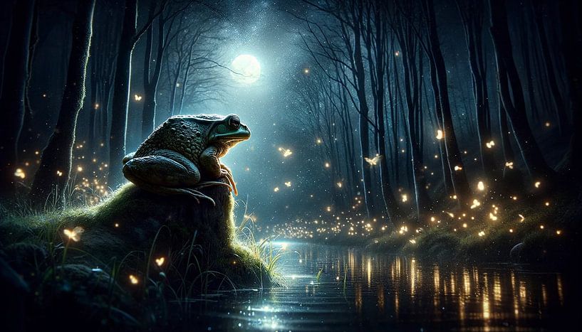 Roi grenouille nocturne au bord d'un étang par artefacti