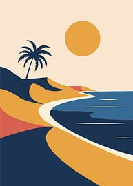Minimalistische Illustrationen einer natürlichen tropischen Strandlandschaft mit Palmen und Sonne in erdigen Vektortönen.