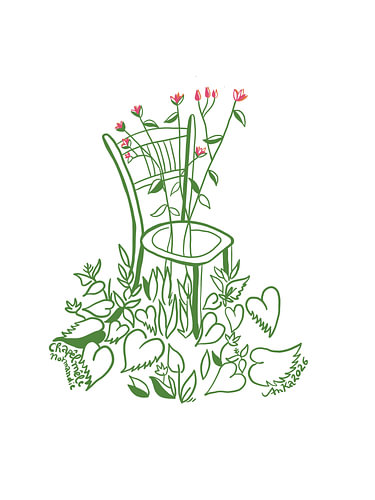 Illustration „Blühender Stuhl“ Normandie– Grüne Line Art Illustration von Anna Kautenburger (AnKa) von Anna Kautenburger