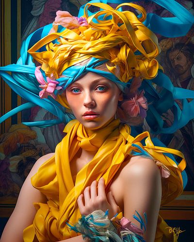 Skylar met haar in kleurrijke satijnen linten gewikkeld