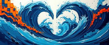 Abstract painting: waves form a heart at the moment of union by AidasignArt