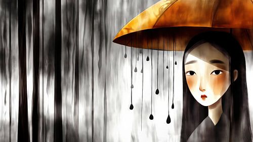 Melancholische vrouw onder de paraplu