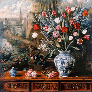 Stilleven boeket tulpen Delftse vaas Nederland Barokke elegantie van gm_designs