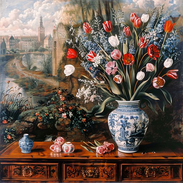 Still life bouquet of tulips Delft vase Netherlands Baroque elegance by gm_designs