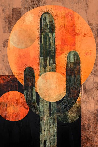 Cactus in front of an orange-coloured moon - Abstract by Poster Art Shop