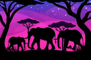 Elephant silhouettes savannah sunset by Art & Soul Creations