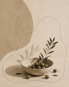 Minimalist Olive Bowl Still Life with Continuous Line Art