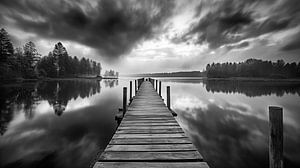 Bootssteg an einem See, Schwarzweißfotografie