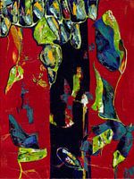 Abstracte natuur "Onder de boom" rood, blauw, groen en geel