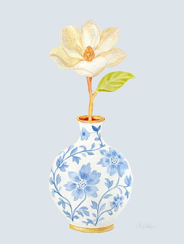 Vase avec magnolia - Fond gris brumeux et bleu sur Piret Victoria Ribas Art & Photography
